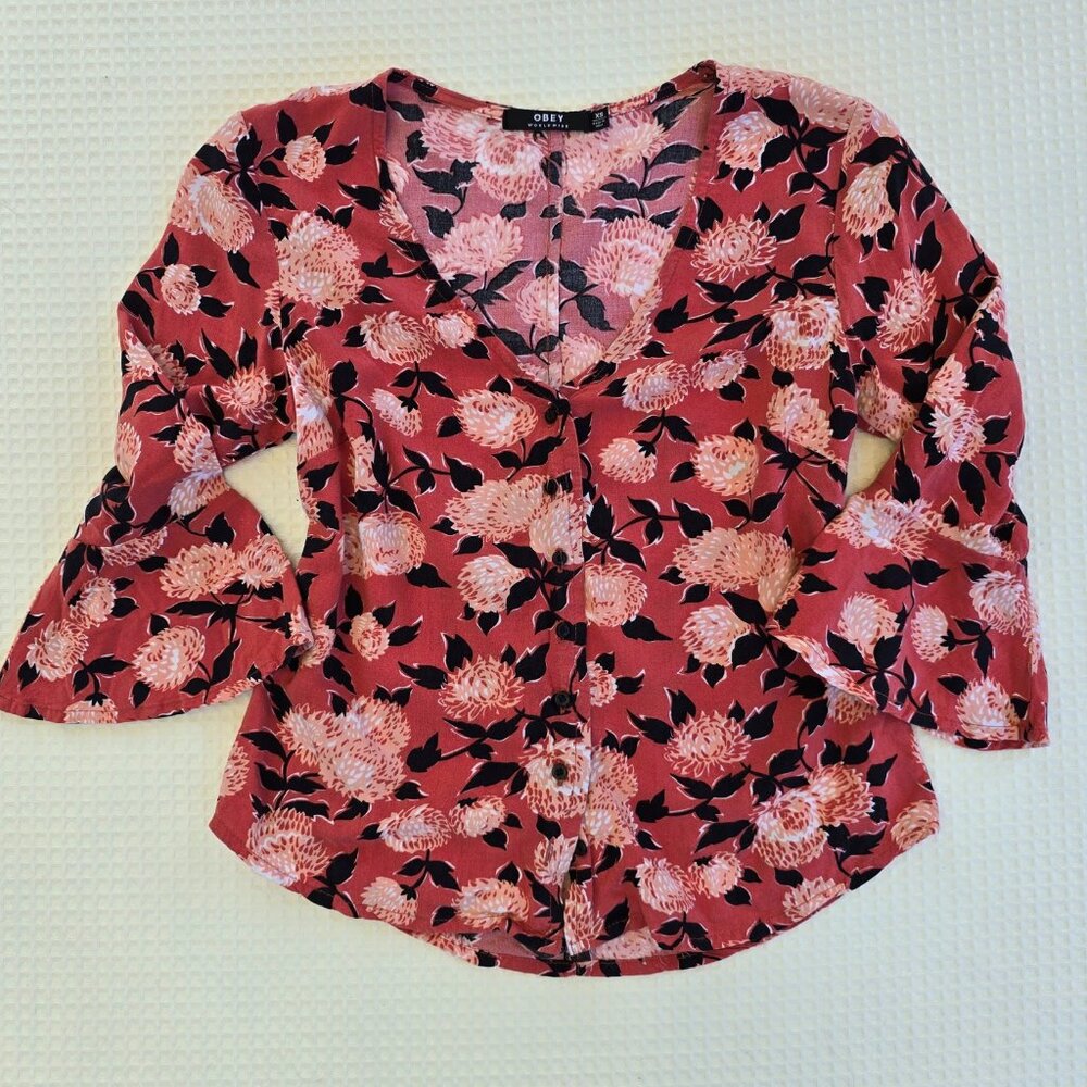Obey Floral Button-Up XS – Rayon Blend – Flared Sleeves